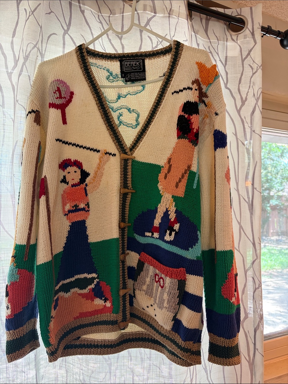 Vintage 1989 Berek Cream Graphic Knit Cardigan with Colorful Figures